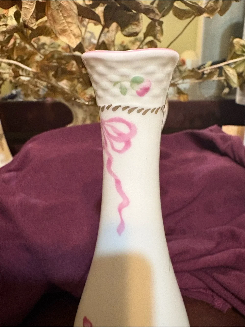 Lenox Petite Suite White Bone China Bud Vase with Pink Ribbon and Floral Accents